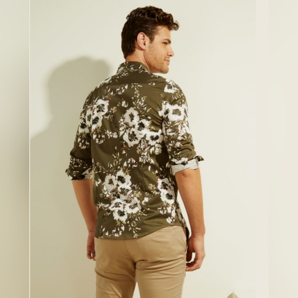 Guess Men's Luxe Botanical Olive Button Up Dress Shirt Size Lg